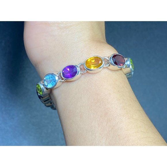 Doug Paulus 925 Multi Gemstone Bracelet Chain Link Designer Signed 7 inches Fine - Picture 5 of 7